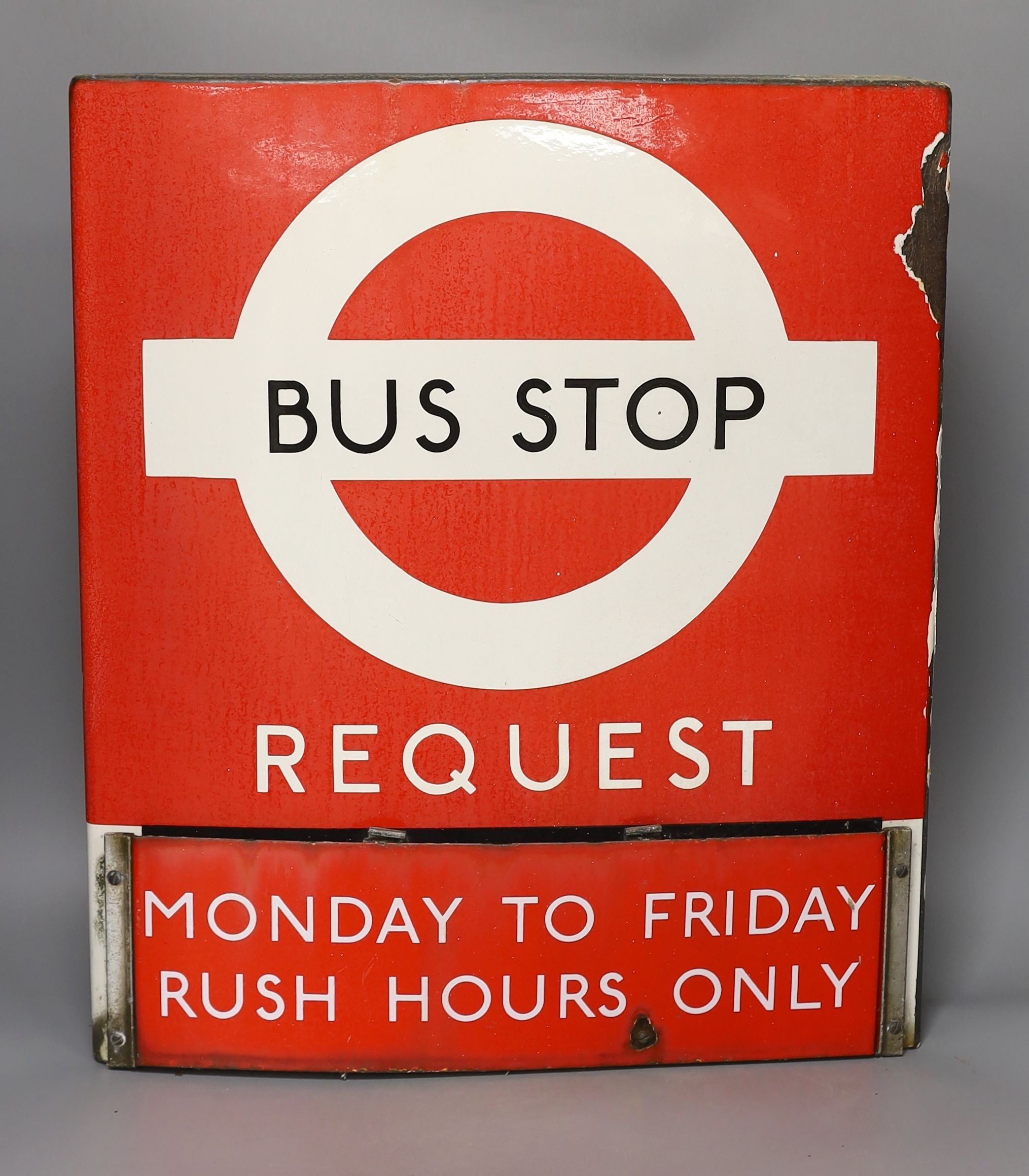 An enamelled bus stop request sign 53x46cm